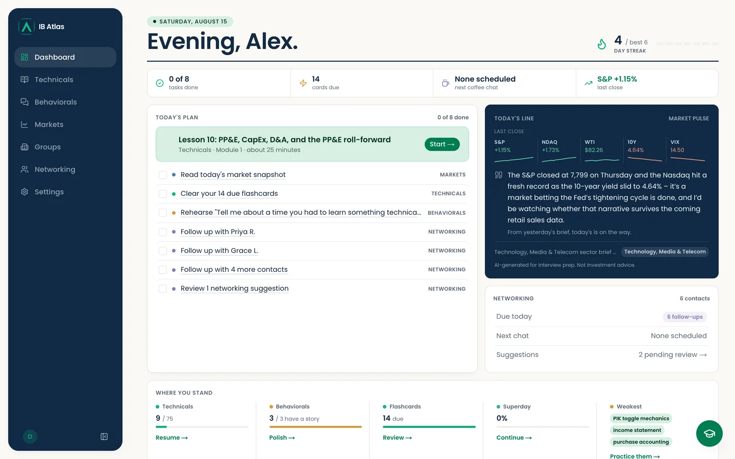 The IB Atlas dashboard showing a daily study plan